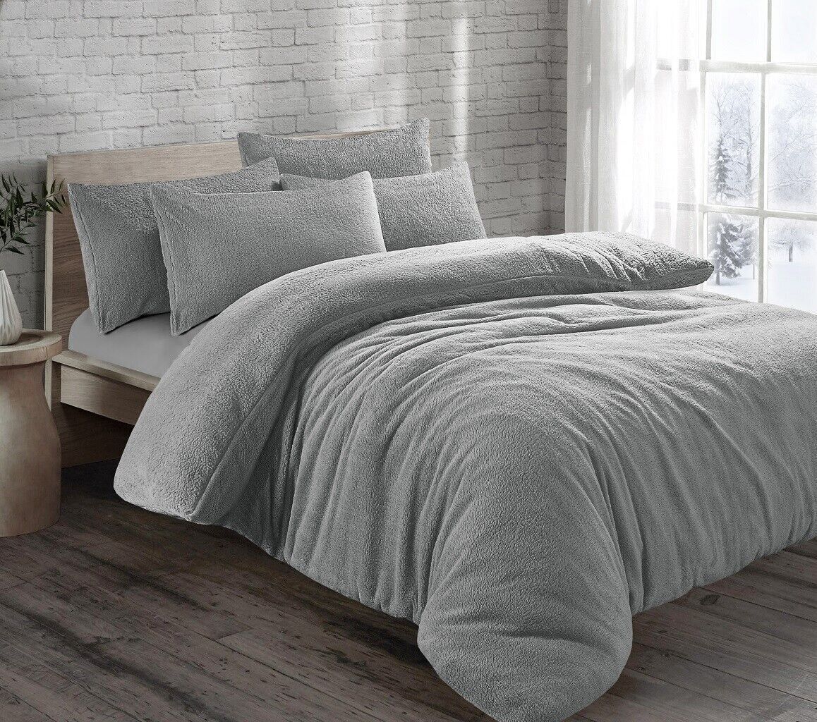 Teddy Fleece Bedding Set Winter Quilt Cover & Pillow Grey